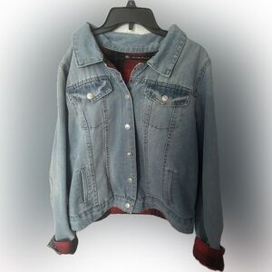 Light Blue Denim Jacket with Red Plaid Lining - Women's Jean Jacket